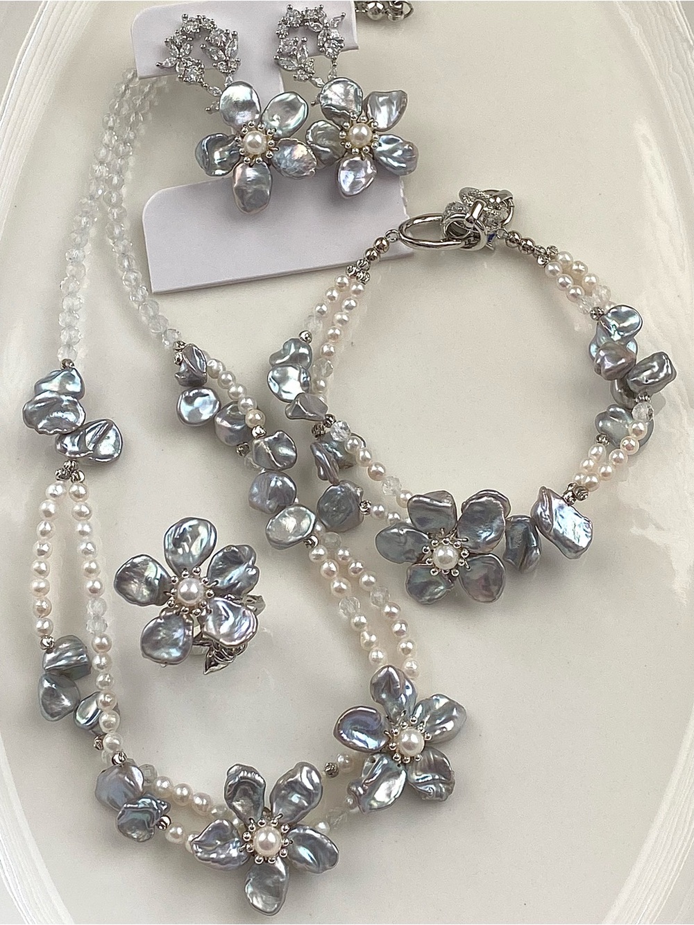 Handmade High Quality Silver Pearl Flower Set